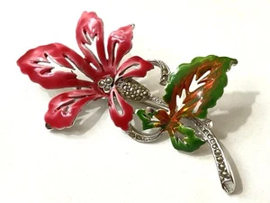Vintage Hollywood Large Eye Catching Enamel Marcasite Hibiscus Flower Brooch - Picture 1 of 5