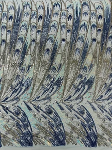 PEACOCK - Feathers Design Sequins Embroider 4 Way Stretch Mesh Fabric By Yard - Picture 1 of 4