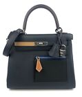 Hermes Kelly 25 Colormatic Blue Black Chai Gold Leather Palladium Hardware NEW