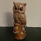 Owl On Stump Hand painted Ceramic Branch Fruits 7 1/4 Inches Tall Signed EH 8-05