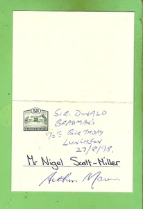 #D145. 1998 TABLE PLACE MARKER - 5 SIGNATURES, BRADMAN 90th BIRTHDAY LUNCH - Picture 1 of 2