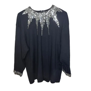 Vtg Outlander Sweater Size 2X - 3X Black Acrylic Wool Blend Silver Sequin Party - Picture 1 of 11