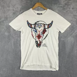 Desigual T Shirt Mens Small Y2K Bull Horn Art Graphic Tee Embroidered Rare - Picture 1 of 6