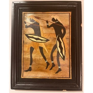 African Art / Collage Banana Leaf Fiber - Warriors - Framed 10" x 12" - Picture 1 of 9