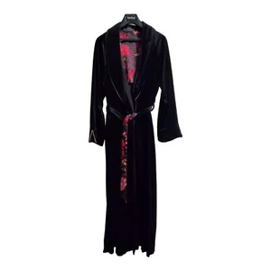 Vintage Halston schwarz Samt Robe Blumenmuster Schärpe luxuriös Feeling langer Halstuch Robe L/XL - Bild 1 von 11