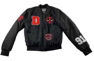 Marvel Deadpool Bomber Jacket Men's S Black Lined Full Zip 91 Varsity Patches - Picture 1 of 14