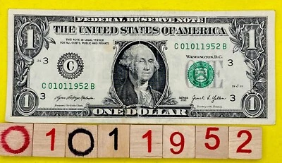 January 1 1952 New Year Birthday Note 0s 1s Fancy Serial Number One Dollar Bill - Image 1 of 4
