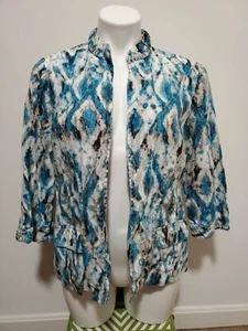 Chico's Blue Brown Textured Print Open Front Lightweight Linen Jacket Size 1 - Picture 1 of 6