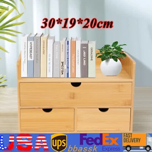 Bamboo Desk Organizer Desktop Storage Box With 2/3/4 Drawers Home Office - Picture 1 of 15