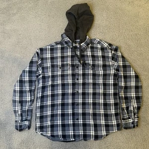 American Eagle Mens Flannel Removable Hood Green Plaid Shirt Shacket Size Large - Picture 1 of 11