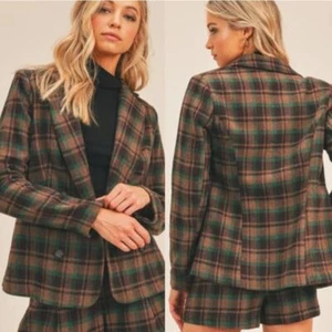 NWT Lush Womens Business Preppy Plaid Wool Blend Double Breasted Blazer Jacket M - Picture 1 of 8