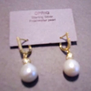 Sterling Silver Vermeil Crystal Accented Freshwater Pearl Drop Earrings - Picture 1 of 3