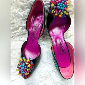 RARE FIND Frankie & baby MADE IN SPAIN Leather black heels w/leather striped bow - Picture 1 of 12