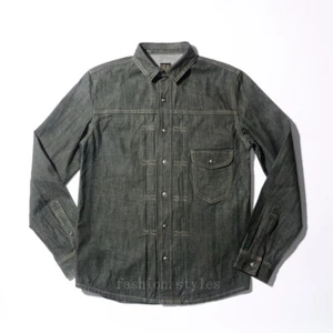 Men's Vintage Green Shirt 11.2Oz Selvage Cotton Work Shirt Casual Coat Top - Imagen 1 de 18