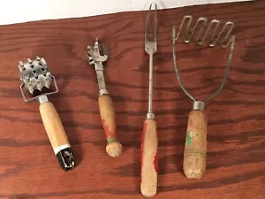 Vintage Lot Of 4 Wood Handled Kitchen Utensils A&J Masher, Opener Roller - Picture 1 of 11