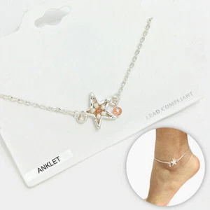 Anklet Starfish Ankle Bracelet Beaded Nautical Beach SILVER Natural Surf Jewelry - Picture 1 of 1