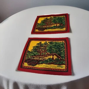 2 Vtg Cross Stitch Placemat Red Yellow Green House  Trees Bushes Decor - Picture 1 of 12