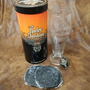 Harley Davidson Pinstripe Eagle 22 oz Pilsner Glass and Coaster Gift Set New - Picture 1 of 10