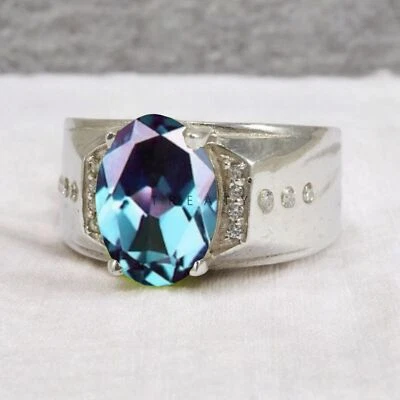 Piedras preciosas de alejandrita de corte ovalado con anillo de plata de ley 925 para hombre #598 * Foto 1 de 4