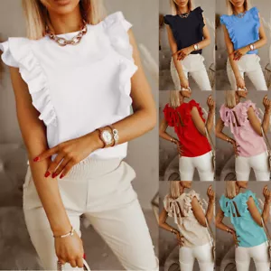 Canotta donna con volant senza maniche maglietta donna estiva arricciata cami canottiera blusa - Foto 1 di 15