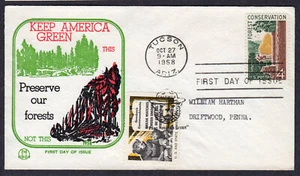 1958 Forest Conservation (1122) - Tri Color FDC w/tied SMOKEY Label TA285 - Bild 1 von 1