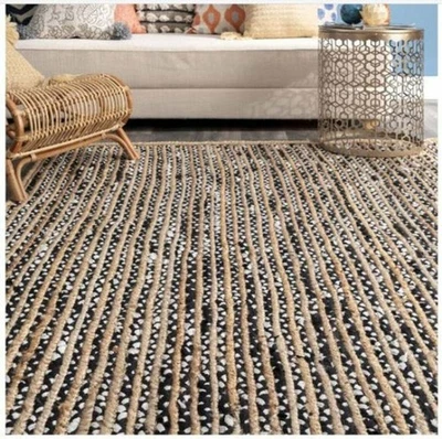 Handmade Jute Chindi Mix Rug Carpet Eco-Friendly Natural Boho Striped Area Mat - Image 1 of 4