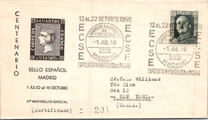 SPAIN 1950 POSTAL CACHET REG COVER EXPO COMM STAMP CENTENARY SPECIAL CANC MADRID - Picture 1 of 2