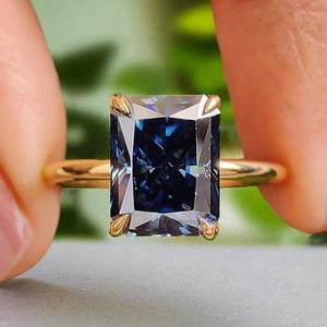 2.90 CT Radiant Cut Royal Blue Moissanite Ring Yellow Gold Ring Engagement Ring - Picture 1 of 10