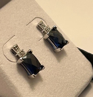 10K White Gold  *  CHECKERBOARD LAB SAPPHIRE & DIAMOND *  Earrings 14K WG Backs - Image 1 of 4