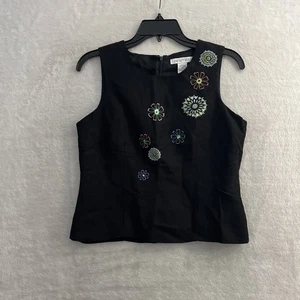 Canotta donna Parafrasi nera ricamata floreale 4 lino zip posteriore rotonda - Foto 1 di 9