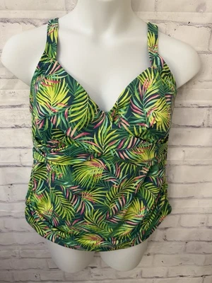 Lands' End V Neck Wrap Size 18W DD Underwire Tankini  Swimsuit Top Green Palms - Image 1 of 4