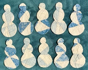 10 ANTIQUE CUTTER QUILT SNOWMEN! BLUE WHITE! Christmas! Scrapbooking! Applique! - Picture 1 of 1