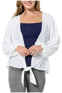 Colleen Lopez Women's Crochet Eyelet Knit Tie-Front Topper White - Picture 1 of 1