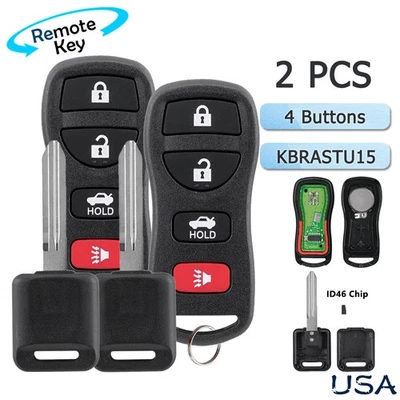 2 for Nissan Maxima Altima 2002 2003 2004 2005 2006 Remote Fob + Ignition Key - Image 1 of 4