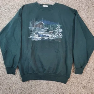 Vintage 90s Northern Reflections Winter Cabin Crewneck Sweatshirt Green Large - Picture 1 of 7