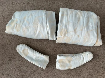 2x Vintage Pair Satin Jacquard Damask Curtains Block Out Ties Ice Blue 205.5cm - Image 1 of 4