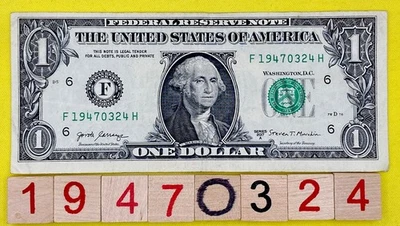 1947 March 24 ￼Birthday Date Note 19470324 Fancy Serial Number $1 Dollar Bill FW - Image 1 of 4