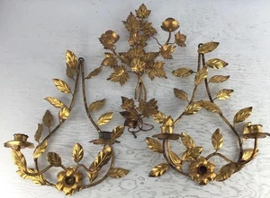 Applique da parete vintage MCM oro foglia metallo portacandele 4 pezzi. - Foto 1 di 13