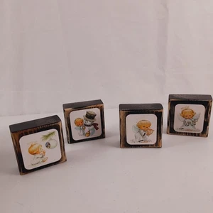 Handmade Christmas Set of 4 Wooden Blocks Angels & Snowman Tabletop Decorations - Picture 1 of 9