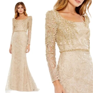 Mac Duggal Womens 14 Beaded Lace Embroidered Leaf Applique Ball Gown Gold 11187 - Picture 1 of 12