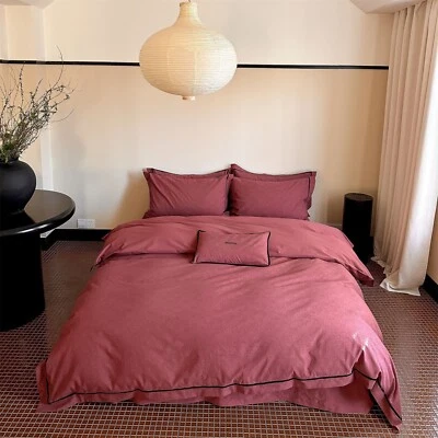 Minimalist Solid Color Velvet-Inlaid Trim Duvet Cover Set Japanese Luxury - Image 1 of 4