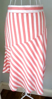 Vila women's pink white striped asymmetric lined midi skirt size 38 approx 10/12 - Image 1 of 4