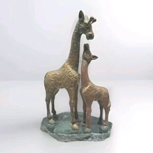 Vintage Brass Giraffes On Green Marble Slab Base - Picture 1 of 7