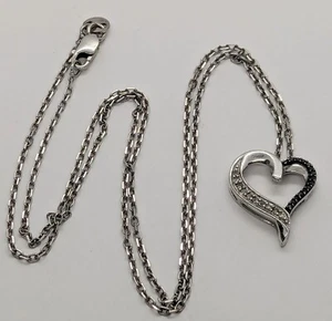 Signed Sterling Silver Black & White Diamond Ribbon Heart Pendant 18" Necklace - Picture 1 of 5