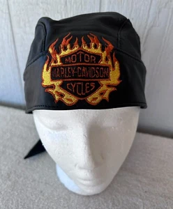 Vintage Harley Davidson Genuine Leather Skull Cap Doo Rag Bandana Eagle Flames - Picture 1 of 8