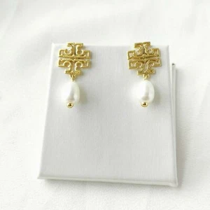 Tory Burch Britton Logo Gold White Pearl Drop Earrings Authentic New - Picture 1 of 3