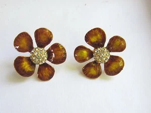 Vintage Ohrringe Emaille & Kristall Stiefmütterchen Blumen-Blume - Bild 1 von 4