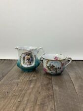 Antique Porcelain Creamer and Cup Instant Collection Teal and White Porcelain 