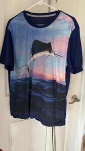 NEW Reel Legends Men's Blue L Performance Fishing Freeline Sailfish Print Shirt - Picture 1 of 7