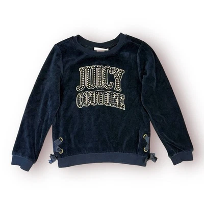 Moletom Juicy Couture feminino tamanho 6 suéter de veludo preto fita enfeitada - Imagem 1 de 4